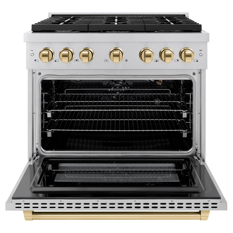 ZLINE Autograph 36" 5.2 cu. ft. Gas Range with Convection Gas Oven in Stainless Steel and Gold Accents, SGRZ-36-G