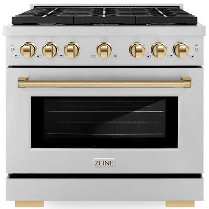ZLINE Autograph 36" 5.2 cu. ft. Paramount Gas Range with Convection Gas Oven in Stainless Steel and Gold Accents, SGRZ-36-G