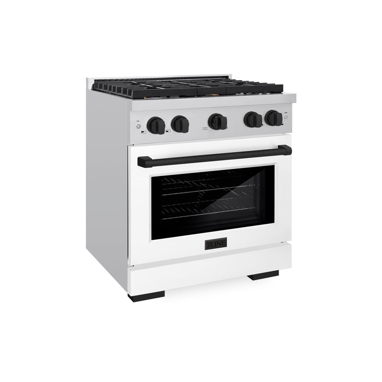 ZLINE Autograph 30" 4.2 cu. ft. Gas Range with Convection Gas Oven in Stainless Steel with White Matte Door and Matte Black Accents, SGRZ-WM-30-MB