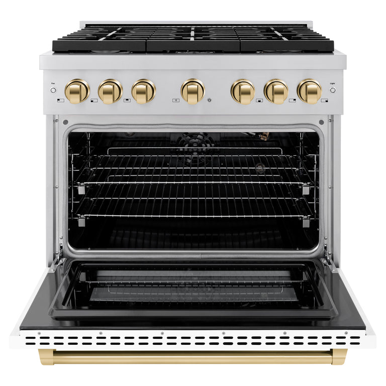 ZLINE Autograph Package - 36 In. Gas Range, Range Hood, Dishwasher in White with Champagne Bronze Accents, 3AKP-RGWMRHDWM36-CB