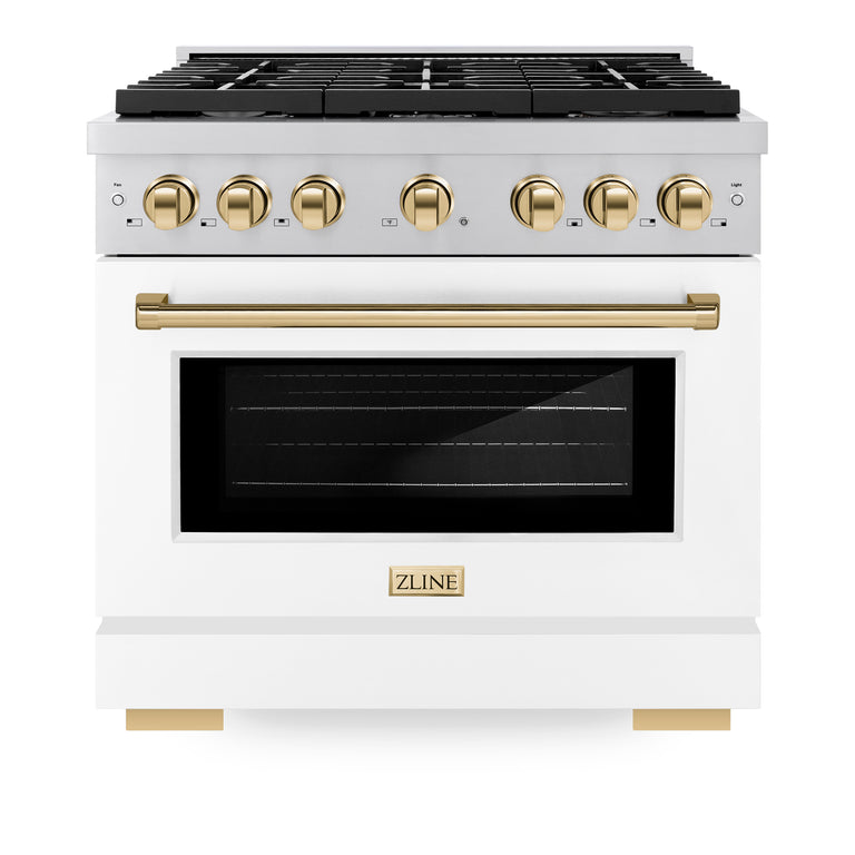 ZLINE Autograph Package - 36 In. Gas Range, Range Hood, Dishwasher in White with Gold Accents, 3AKP-RGWMRHDWM36-G