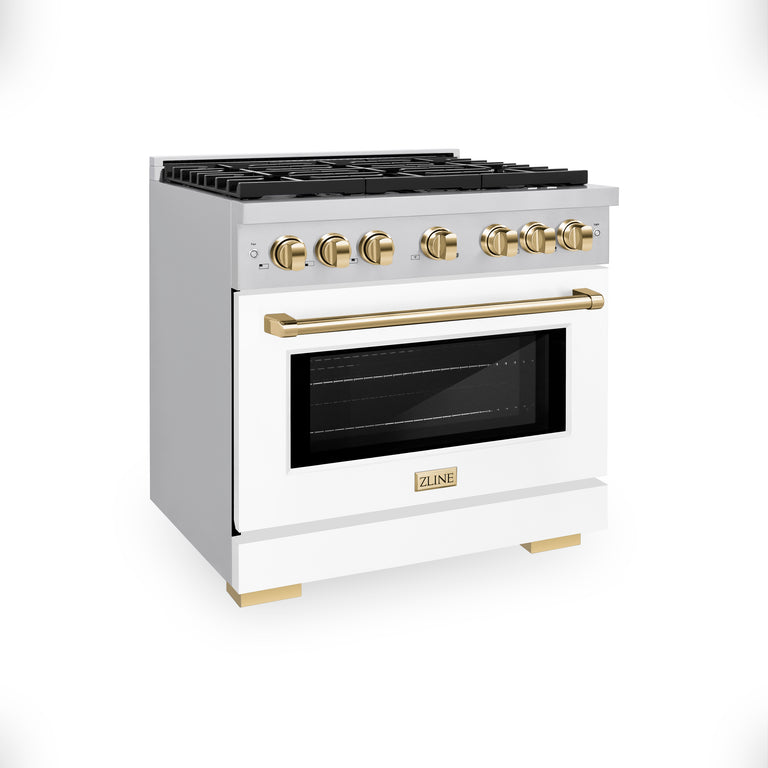 ZLINE Autograph Package - 36 In. Gas Range, Range Hood, Dishwasher in White with Champagne Bronze Accents, 3AKP-RGWMRHDWM36-CB