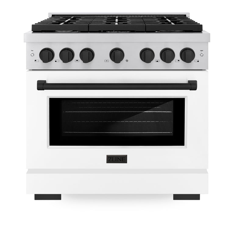 ZLINE Autograph 36" 5.2 cu. ft. Gas Range with Convection Gas Oven in Stainless Steel with White Matte Door and Matte Black Accents, SGRZ-WM-36-MB
