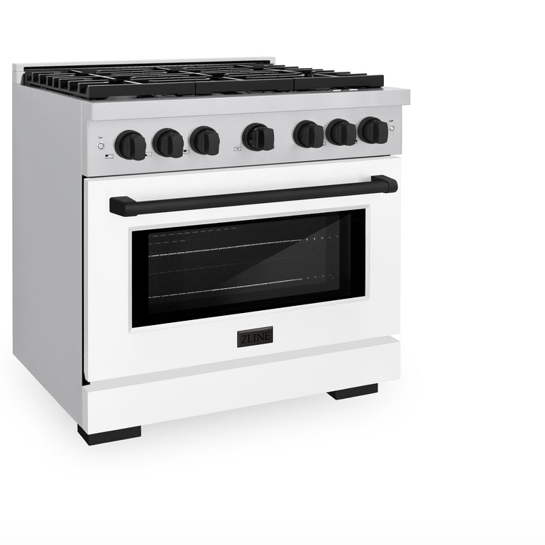 ZLINE Autograph 36" 5.2 cu. ft. Gas Range with Convection Gas Oven in Stainless Steel with White Matte Door and Matte Black Accents, SGRZ-WM-36-MB