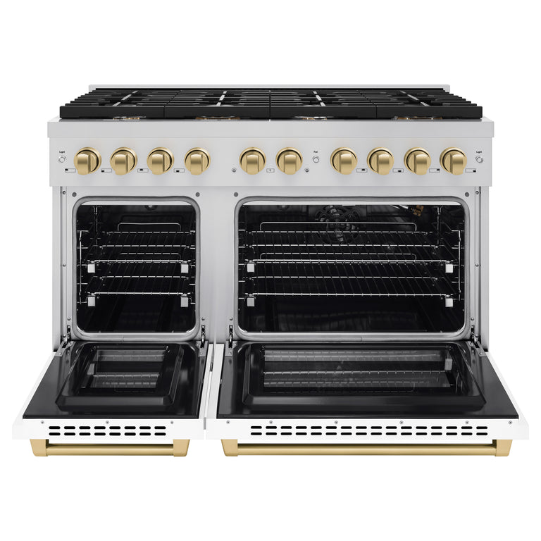 ZLINE Autograph Package - 48 In. Gas Range, Range Hood, and Dishwasher with White Matte Door and Bronze Accents, 3AKPR-RGSWMRHDWM48-CB