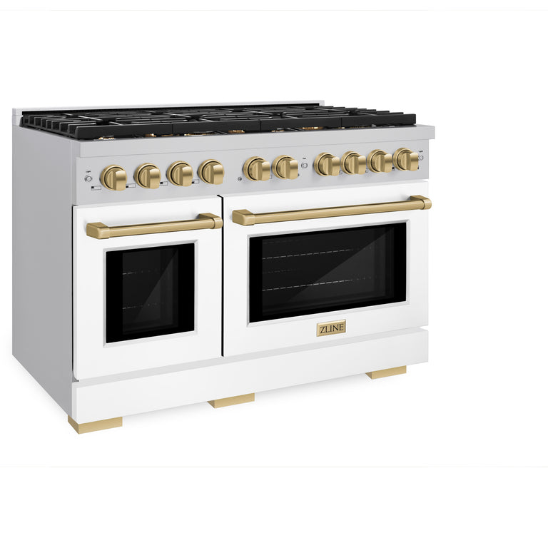 ZLINE Autograph Package - 48 In. Gas Range, Range Hood, and Dishwasher with White Matte Door and Bronze Accents, 3AKPR-RGSWMRHDWM48-CB