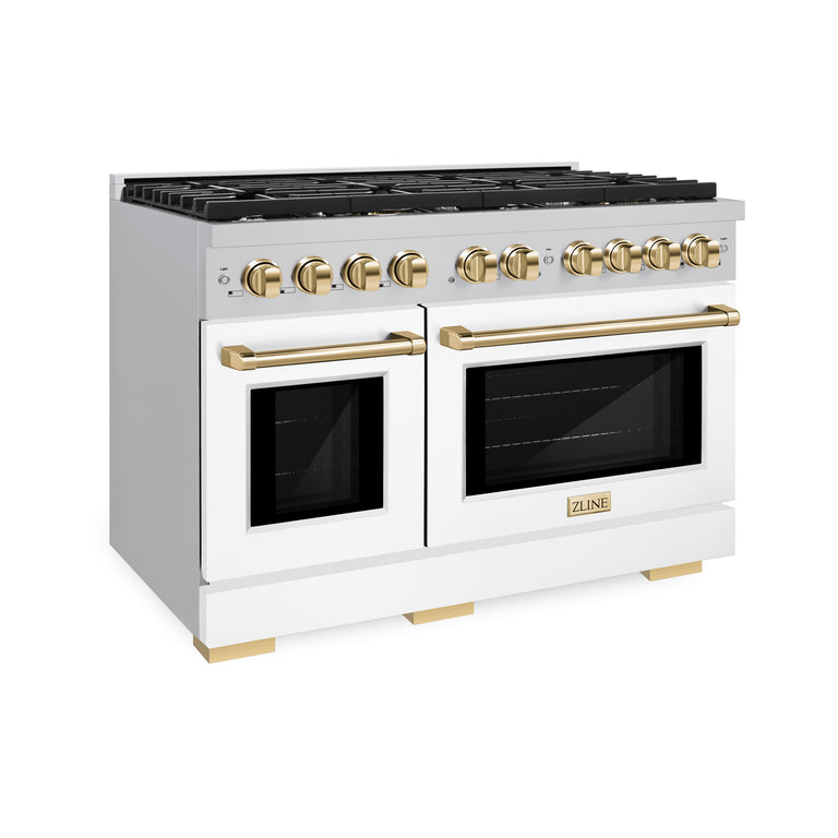 ZLINE Autograph Package - 48 In. Gas Range and Range Hood with White Matte Finish and Gold Accents, 2AKP-RGWMRH48-G