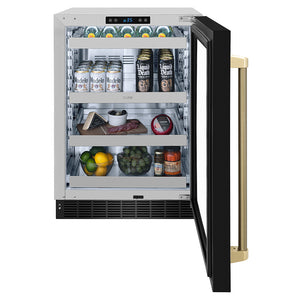 ZLINE Autograph 24" Touchstone 151 Can Beverage Fridge with Black Stainless Steel Glass Door and Champagne Bronze Helix Handle, RBSOZ-BS-24-KCB