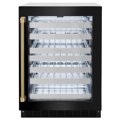 ZLINE Autograph 24" Touchstone Dual Zone 44 Bottle Wine Cooler with Black Stainless Steel Glass Door and Polished Gold Helix Handle, RWDOZ-BS-24-KG