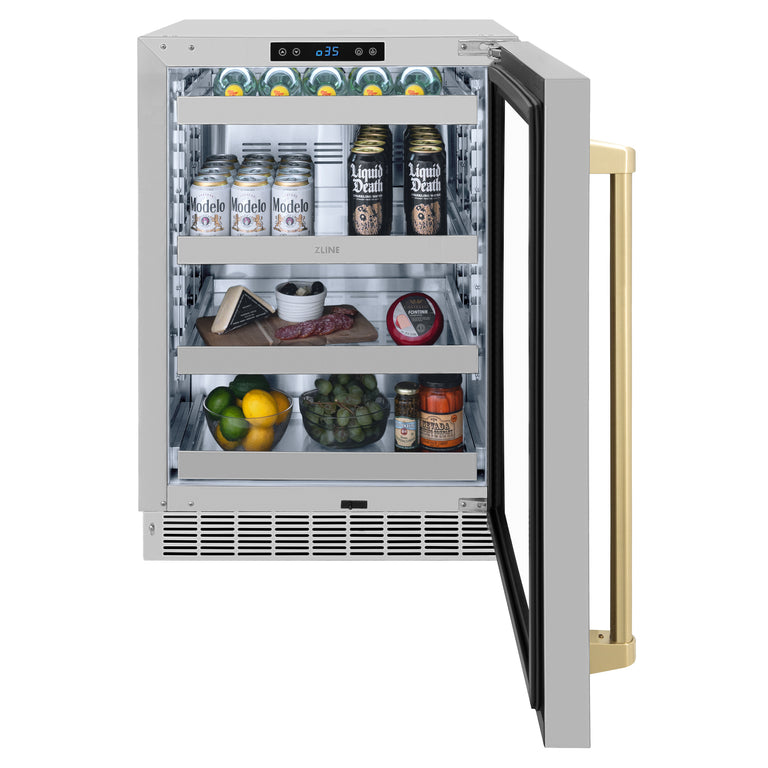 ZLINE Autograph 24" Touchstone 151 Can Beverage Fridge with Stainless Steel Glass Door and Champagne Bronze Handle,  RBSOZ-GS-24-CB