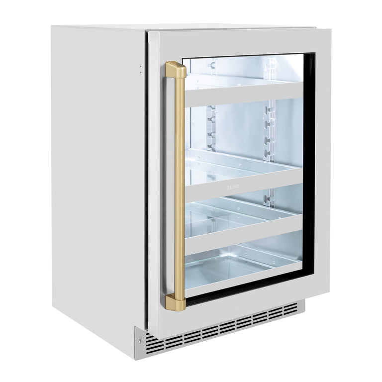 ZLINE Autograph 24" Touchstone 151 Can Beverage Fridge with Stainless Steel Glass Door and Champagne Bronze Handle,  RBSOZ-GS-24-CB