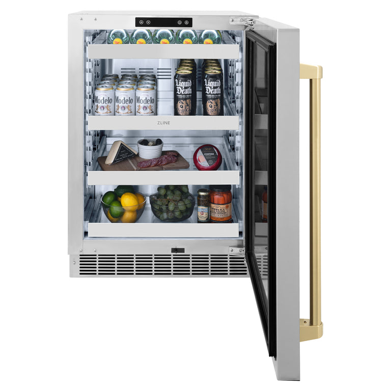 ZLINE Autograph 24" Touchstone 151 Can Beverage Fridge with Solid Stainless Steel Door and Champagne Bronze Handle,  RBSOZ-ST-24-CB