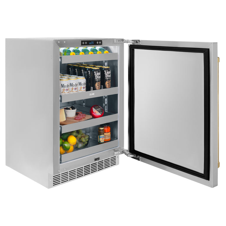 ZLINE Autograph 24" Touchstone 151 Can Beverage Fridge with Solid Stainless Steel Door and Polished Gold Handle,  RBSOZ-ST-24-G
