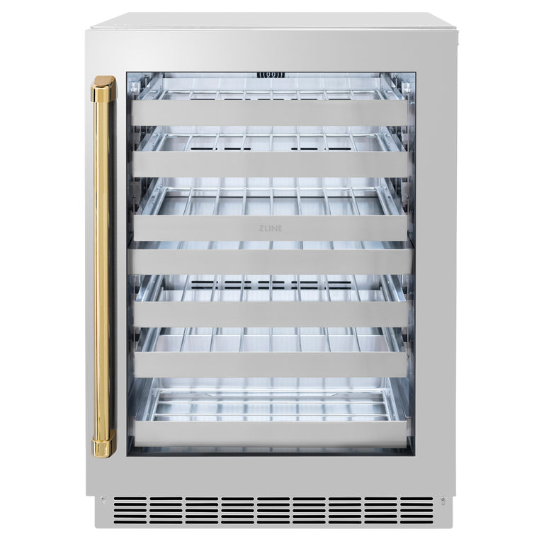 ZLINE Autograph 24" Touchstone Dual Zone 44 Bottle Wine Cooler with Stainless Steel Glass Door and Polished Gold Handle,  RWDOZ-GS-24-G