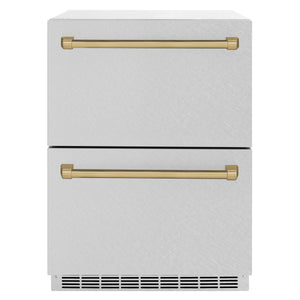 ZLINE Autograph Edition 24" Touchstone 168 Can Outdoor-Rated Dual Refrigerator Drawer with Satin Stainless Steel Doors and Champagne Bronze Handles, RDSOZ-SN-24-CB