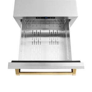 ZLINE Autograph Edition 24" Touchstone 168 Can Outdoor-Rated Dual Refrigerator Drawer with Satin Stainless Steel Doors and Polished Gold Handles, RDSOZ-SN-24-G