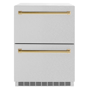 ZLINE Autograph Edition 24" Touchstone 168 Can Outdoor-Rated Dual Refrigerator Drawer with Satin Stainless Steel Doors and Polished Gold Handles, RDSOZ-SN-24-G