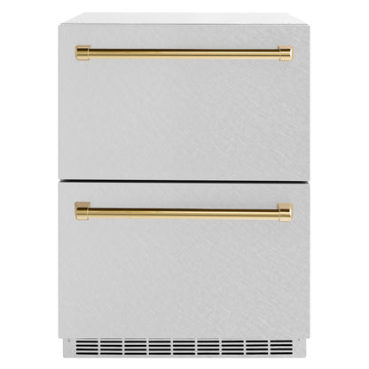 ZLINE Autograph Edition 24" Touchstone 168 Can Outdoor-Rated Dual Refrigerator Drawer with Satin Stainless Steel Doors and Polished Gold Handles, RDSOZ-SN-24-G
