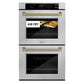 ZLINE Autograph 30" Professional True Convection Double Wall Oven with Air Fry and Self Clean in Satin Stainless Steel with Champagne Bronze Helix Handles, WADSZ-30-KCB