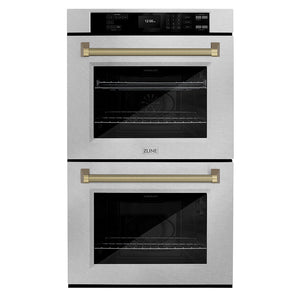 ZLINE Autograph 30" Professional True Convection Double Wall Oven with Air Fry and Self Clean in Satin Stainless Steel with Champagne Bronze Helix Handles, WADSZ-30-KCB