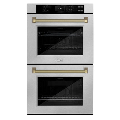 ZLINE Autograph 30" Professional True Convection Double Wall Oven with Air Fry and Self Clean in Satin Stainless Steel with Champagne Bronze Helix Handles, WADSZ-30-KCB