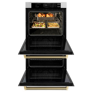 ZLINE Autograph 30" Professional True Convection Double Wall Oven with Air Fry and Self Clean in Satin Stainless Steel with Champagne Bronze Helix Handles, WADSZ-30-KCB