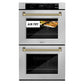 ZLINE Autograph 30" Professional True Convection Double Wall Oven with Air Fry and Self Clean in Satin Stainless Steel with Polished Gold Helix Handles, WADSZ-30-KG