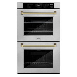 ZLINE Autograph 30" Professional True Convection Double Wall Oven with Air Fry and Self Clean in Satin Stainless Steel with Polished Gold Helix Handles, WADSZ-30-KG