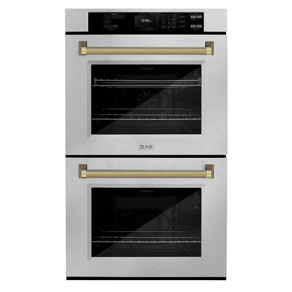 ZLINE Autograph 30" Professional True Convection Double Wall Oven with Air Fry and Self Clean in Satin Stainless Steel with Polished Gold Helix Handles, WADSZ-30-KG