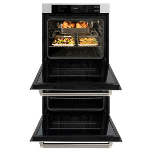 ZLINE Autograph 30" Professional True Convection Double Wall Oven with Air Fry and Self Clean in Satin Stainless Steel with Polished Nickel Helix Handles, WADSZ-30-KPN