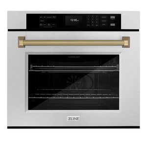 ZLINE Autograph 30" Professional True Convection Single Wall Oven with Air Fry and Self Clean in Satin Stainless Steel with Champagne Bronze Helix Handle, WASSZ-30-KCB