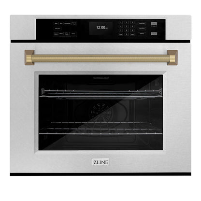 ZLINE Autograph 30" Professional True Convection Single Wall Oven with Air Fry and Self Clean in Satin Stainless Steel with Champagne Bronze Helix Handle, WASSZ-30-KCB