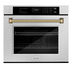 ZLINE Autograph 30" Professional True Convection Single Wall Oven with Air Fry and Self Clean in Satin Stainless Steel with Polished Gold Helix Handle, WASSZ-30-KG