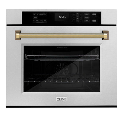 ZLINE Autograph 30" Professional True Convection Single Wall Oven with Air Fry and Self Clean in Satin Stainless Steel with Polished Gold Helix Handle, WASSZ-30-KG