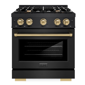 ZLINE Autograph 30" 4.2 cu. ft. Select Dual Fuel Range with 4 Burners in Black Stainless Steel with Champagne Bronze Accents, HDRBZ-30-CB