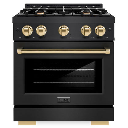 ZLINE Autograph 30" 4.2 cu. ft. Select Dual Fuel Range with 4 Burners in Black Stainless Steel with Polished Gold Accents, HDRBZ-30-G