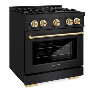 ZLINE Autograph 30" 4.2 cu. ft. Select Dual Fuel Range with 4 Burners in Black Stainless Steel with Polished Gold Accents, HDRBZ-30-G