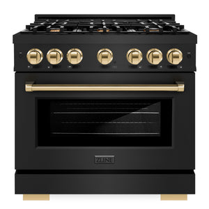 ZLINE Autograph 36" 5.2 cu. ft. Select Dual Fuel Range with 6 Burners in Black Stainless Steel with Polished Gold Accents, HDRBZ-36-G