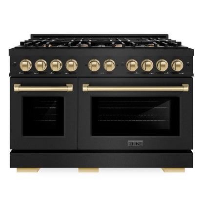 ZLINE Autograph 48" 6.7 cu. ft. Select Double Oven Dual Fuel Range with 8 Burners in Black Stainless Steel and Champagne Bronze Accents, HDRBZ-48-CB
