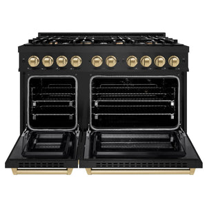 ZLINE Autograph 48" 6.7 cu. ft. Select Double Oven Dual Fuel Range with 8 Burners in Black Stainless Steel and Champagne Bronze Accents, HDRBZ-48-CB