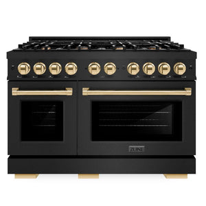 ZLINE Autograph 48" 6.7 cu. ft. Select Double Oven Dual Fuel Range with 8 Burners in Black Stainless Steel and Polished Gold Accents, HDRBZ-48-G