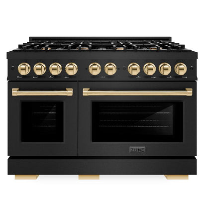 ZLINE Autograph 48" 6.7 cu. ft. Select Double Oven Dual Fuel Range with 8 Burners in Black Stainless Steel and Polished Gold Accents, HDRBZ-48-G