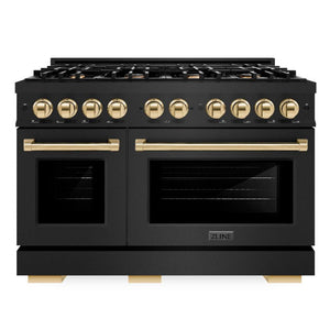 ZLINE Autograph 48" 6.7 cu. ft. Select Double Oven Gas Range with 8 Burners in Black Stainless Steel and Polished Gold Accents, HGRBZ-48-G