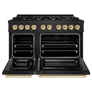 ZLINE Autograph 48" 6.7 cu. ft. Select Double Oven Dual Fuel Range with 8 Burners in Black Stainless Steel and Polished Gold Accents, HDRBZ-48-G