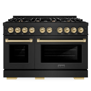 ZLINE Autograph 48" 6.7 cu. ft. Select Double Oven Gas Range with 8 Burners in Black Stainless Steel and Champagne Bronze Accents, HGRBZ-48-CB