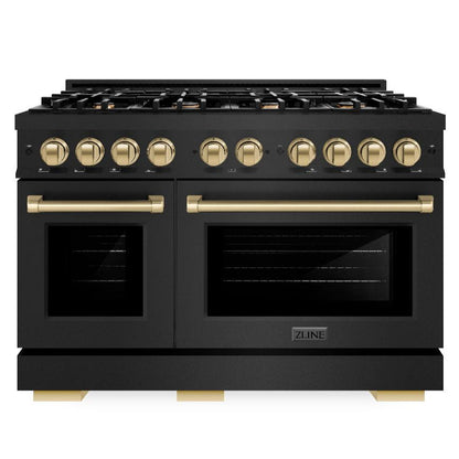 ZLINE Autograph 48" 6.7 cu. ft. Select Double Oven Gas Range with 8 Burners in Black Stainless Steel and Champagne Bronze Accents, HGRBZ-48-CB