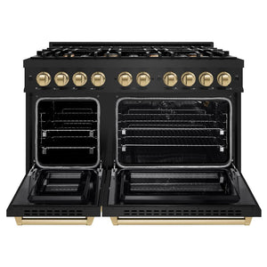 ZLINE Autograph 48" 6.7 cu. ft. Select Double Oven Gas Range with 8 Burners in Black Stainless Steel and Champagne Bronze Accents, HGRBZ-48-CB