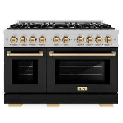 ZLINE Autograph 48" 6.7 cu. ft. Select Double Oven Gas Range with 8 Burners in DuraSnow® Stainless Steel with Black Matte Doors and Champagne Bronze Accents, HGRSZ-BLM-48-CB
