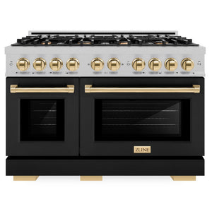 ZLINE Autograph 48" 6.7 cu. ft. Select Double Oven Gas Range with 8 Burners in DuraSnow® Stainless Steel with Black Matte Doors and Polished Gold Accents, HGRSZ-BLM-48-G