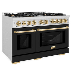 ZLINE Autograph 48" 6.7 cu. ft. Select Double Oven Gas Range with 8 Burners in DuraSnow® Stainless Steel with Black Matte Doors and Polished Gold Accents, HGRSZ-BLM-48-G